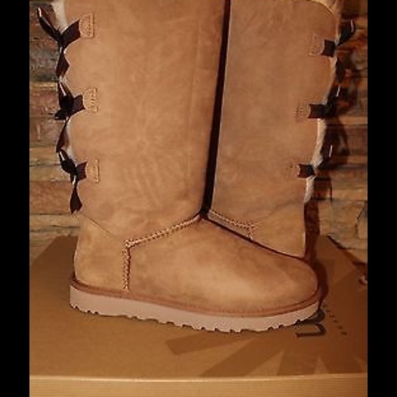 NIB UGG Women's Tall Bailey Bow Suede Shearling Lined‎ Boots CHESTNUT - Picture 8 of 8